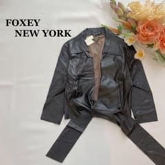 FOXEY NEWYORKフェイクレザージャケット40 ブラウン裾リボンショート