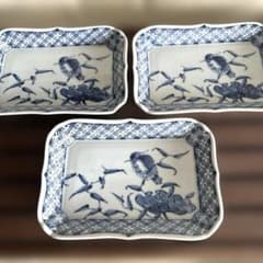 橘吉 染付 青華水鳥 長角皿 3枚セット 角皿 焼き物皿 平向 廃盤品