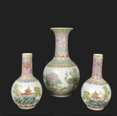 中国美術 粉彩花鳥花瓶3点セット 陶器 漢詩 孔雀文様 骨董品 古美術