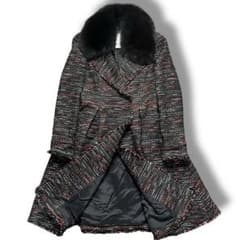 美品 Rene ルネ ツイード ファー コート アウター ロング Aライン 34