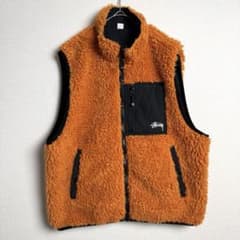 522 STUSSY リバーシブルボアベスト 橙×黒 フリース ストリート 映え 522 STUSSY リバーシブルボアベスト 橙×黒 フリース ストリート 映え