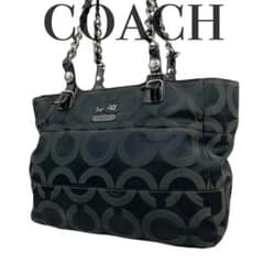 ✨良品 コーチ COACH オプアート サテン 大容量トートバッグ 黒 