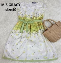 M'S GRACY 花柄 半袖 ワンピース リボン　白×黄色×緑　40 M'S GRACY 花柄 半袖 ワンピース リボン 白×黄色×緑 40 - メルカリ