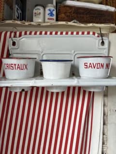 French Antique Enamel Soap Rack Cup White with Red Lettering
