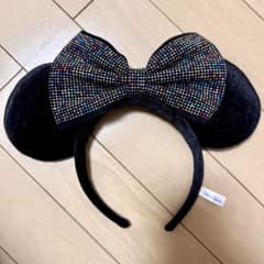 ミッキー耳ビーズ装飾カチューシャ　ビーズ　黒　ベロアのサムネイル