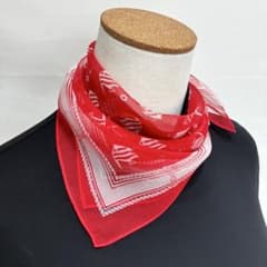 3-37.美品 熱帯魚モチーフ　ロープ&スクエア柄　シルクスカーフ　レッド