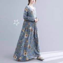 総柄　花柄　ロングワンピース　Aライン　体型カバー　ラウンドネックのサムネイル