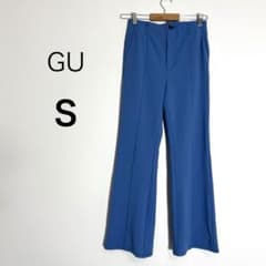 GU (ジーユー) S Flare Pants, Center Press, Slimming Effect, Stretch, Blue, with Pockets