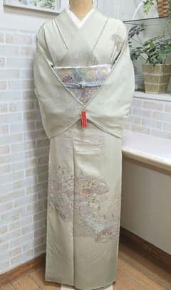 グリーンスワトウ刺繍訪問着と袋帯・帯揚げ帯締めの4点フルセット