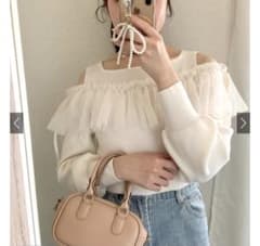 GRLショルダーオープンチュールフリルニットトップス[tu1252]アイボリーのサムネイル