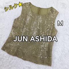 ジュンアシダ シルク75% ノースリーブ 総スパンコール オリーブ M 
