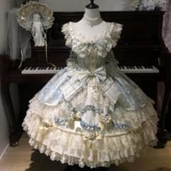 水色クリームクラロリ JSK ボンネット付き レース金リボンのサムネイル