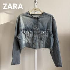 【ZARA】ノーカラー ショート丈デニムジャケット M クロップド フリンジのサムネイル