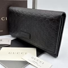 良品 ギャラ 箱有 グッチ GG マイクロシマ 長財布 レザー フラップ 