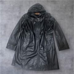 BALMAINレザーロングコート 羊革 フード付　ブラック裏地総柄比翼 13号