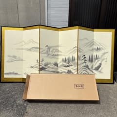 【秀峰銘】山水図屏風 風景図約259×116㎝ 金紙 片面 六曲 屏風 日本画 秀峰銘】山水図屏風 風景図約259×116㎝ 金紙 片面 六曲 屏風