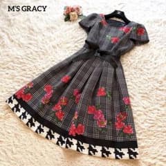 美品✨エムズグレイシー ワンピース 近年タグ チェック 花柄 リボン 38