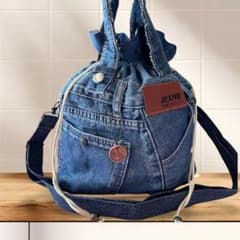 期間限定 リメイクデニム 巾着バッグ 2way ショルダーベルト付き