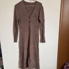 ブラウン Vネック ニットワンピース 長袖