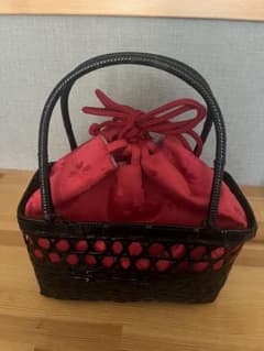 浴衣用赤い花柄内袋の編み込みかごバッグのサムネイル