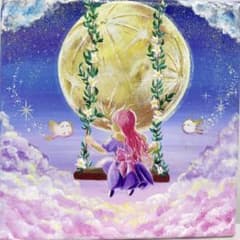 月とひと休み❄︎15cmキャンバス❄︎アクリル画❄︎シマエナガとブランコの絵のサムネイル