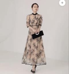 LEJA パイピングハイネック花柄ラメレースワンピースドレス ベージュ