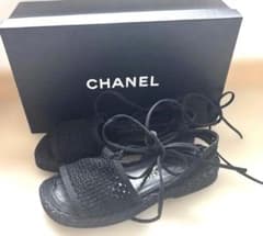 CHANEL 블랙 샌들 뜨개질 디자인 크기 37 상자 없음