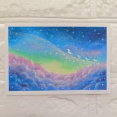 カルガモ親子の散歩 虹色のお花畑 オイルパステル画 原画 ハガキサイズ #25 カルガモ親子と星空 風景画 オイルパステル画 原画 ハガキサイズ 絵画
