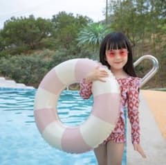 子供用 ボーダー柄 浮き輪 50cm ピンク色 レトロカラー プール 海水浴のサムネイル