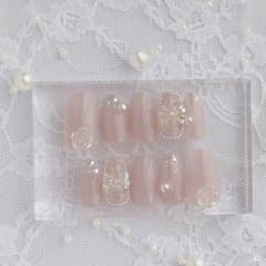 韓国ガーリー♡ピンクベージュ×リボン　ネイルチップ　現品のサムネイル