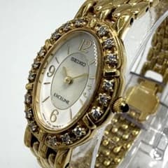 【稼動】 SEIKO エクセリーヌ 腕時計 18Pダイヤベゼル ゴールド シェル