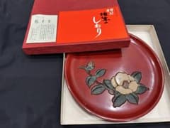 特選 村上堆朱 丸盆 椿文様 伝統工芸品 漆器 うるし工芸 鬼原均 わび塗