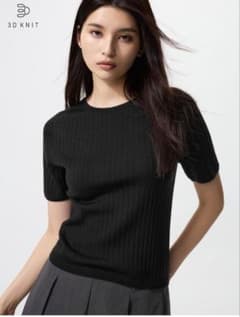 恵*茉様 UNIQLO 3Dメリノリブクルーネックセーター 5分袖 ブラック Xのサムネイル
