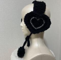 イヤーマフ 耳当て ヘッドドレス ハンドメイド編み物 ハート ブラック