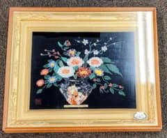 【特選】貴石画　天然石画　宝石画　花瓶　花　額装　立体アート　昭和レトロ　現状品のサムネイル