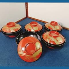 AM53 会津 朱椀 松鶴図 金蒔絵 縁金 五客 蓋付吸物椀 - メルカリ