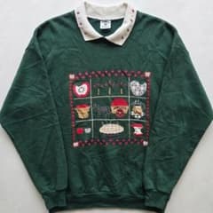 90sレトロ 襟付きスウェット 深緑 アップル りんご ヴィンテージ古着