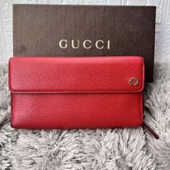 極美品 GUCCI 大容量 長財布 シボレザー レッド インターロッキング