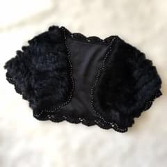 래빗 퍼 반소매 볼레로 진주 레이스 M 공식 블랙 블랙