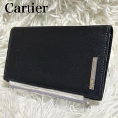 美品 カルティエ 長財布 二つ折り レザー 黒 ロゴ 金具 ロングウォレット