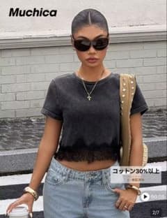 Muchica レース裾 半袖Tシャツ ブラック SHEIN