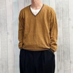 ユーロ古着　Vネック ウール混ニット ブラウン×マスタード ヘリンボーン柄 ユーロ古着 Vネック ウール混ニット ブラウン×マスタード ヘリンボーン
