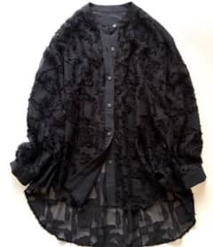 美品 Aga black アーガ 幾何柄 カット ジャガード シアー シャツ 黒
