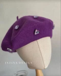 INZINA DESIGN ビジュー付きパープルベレー帽紫帽子 - メルカリ