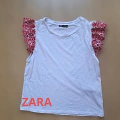 ZARA フリルスリーブ Tシャツ ホワイト レッドのサムネイル