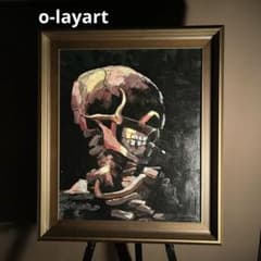 ☆秀作☆手書き油絵 ゴッホ タバコを咥えた骸骨 額付き 絵画 油彩画
