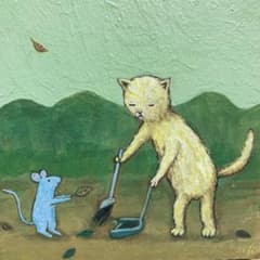 けい様　お取り置き中　自作絵画　黄色いソファ　猫とネズミの絵　買い物帰り 自作絵画 落ち葉拾い 猫とネズミの絵 - メルカリ