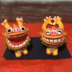 置物 インテリア 焼物 沖縄 シーサー 赤 2体セットのサムネイル