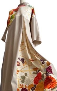 ［極美品☆着物リメイクオーダー品］振袖着物リメイク和柄切替ワンピース 亜麻色 極美品☆着物リメイクオーダー品］振袖着物リメイク和柄切替ワンピース