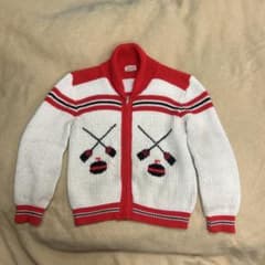 カーリングカーディガン白×赤 オーロンアクリル XLサイズ USED女性にも 
